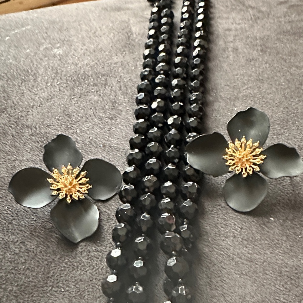 Black Floral Statement Earrings with Gold Centers